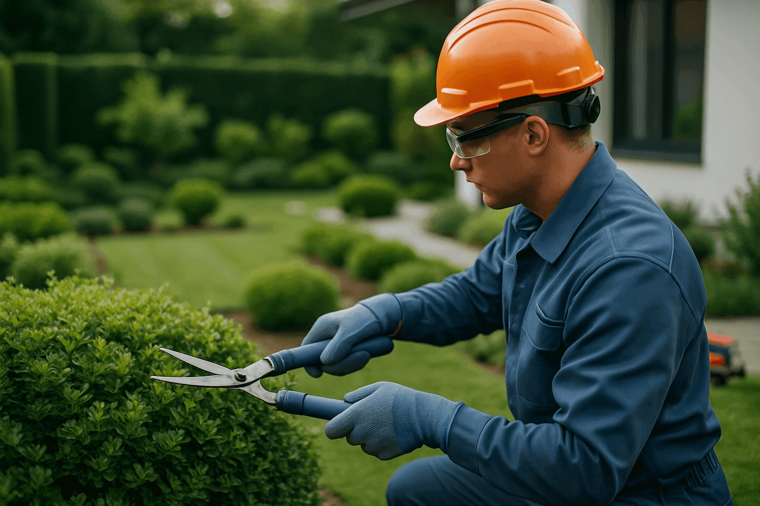 Professional landscaper wearing safety gear pruning shrubs in a residential garden